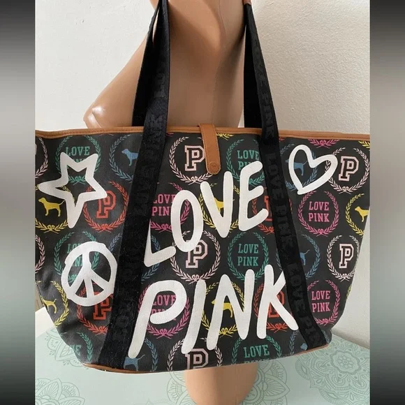 Victoria Secret PINK Rainbow Color Logo Tote Bag Pre-Owned - Picture 1 of 7